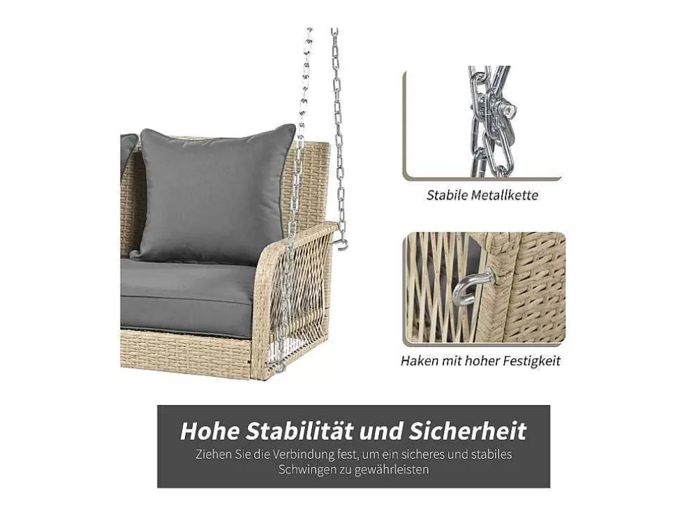 Best Sale 114 Cm Hangstoel In Pe Rotan - 2 Plaatsen - 11 Cm Gecapitonneerd Zitkussen - Beige + Grijs Hangstoel
