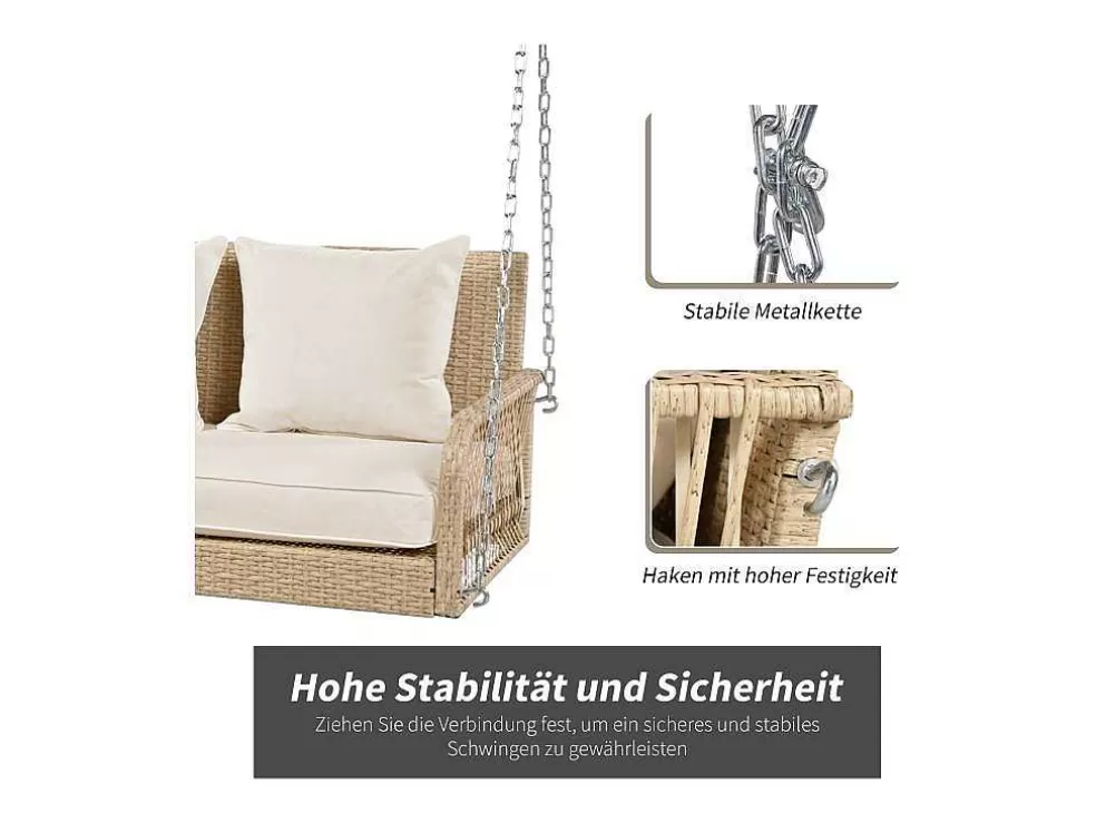 Flash Sale 114 Cm Hangstoel In Pe Rotan - 2 Plaatsen - 11 Cm Gewatteerd Zitkussen - Beige Hangstoel