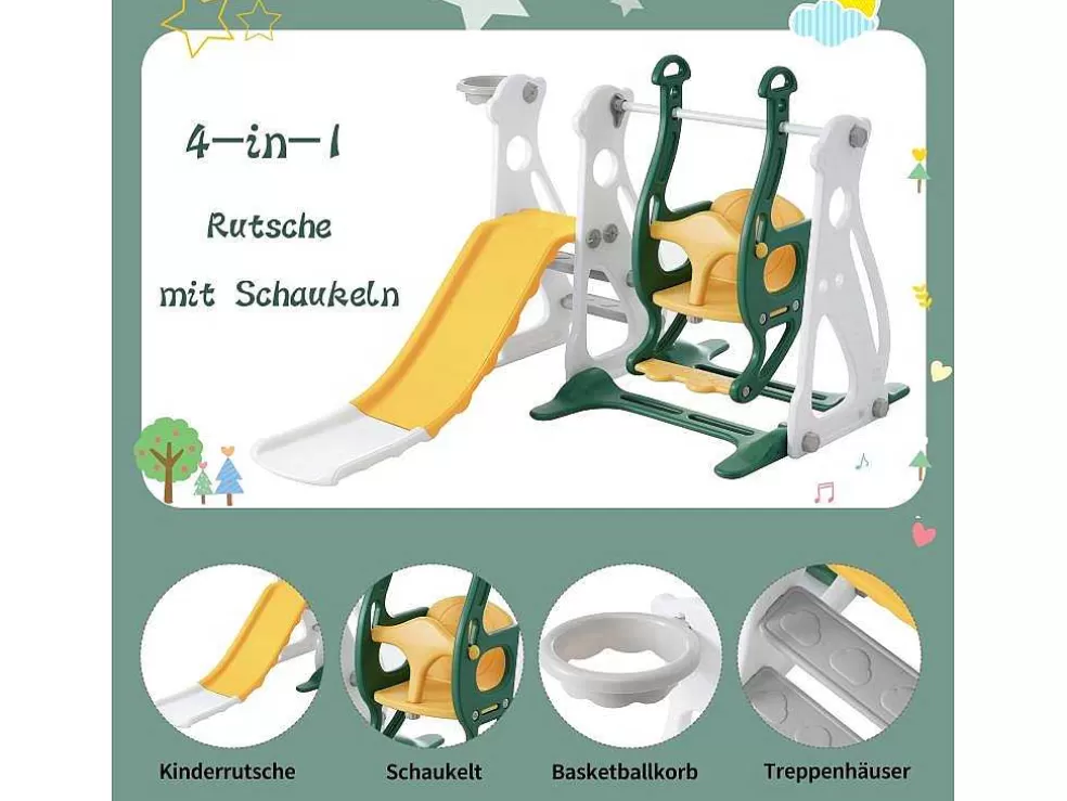 Best Sale 4 In 1 Glijbaan - Met Trap, Schommel, Basketbalring - Groen Spel Voor Buiten