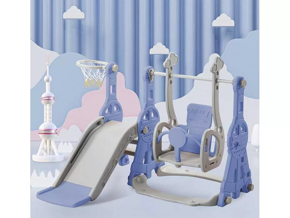 Discount 4-In-1 Glijbaan Met Schommel En Basketbalstandaard Voor Kinderen, Klimladder, Voor Binnen En Buiten, Blauw Spel Voor Buiten