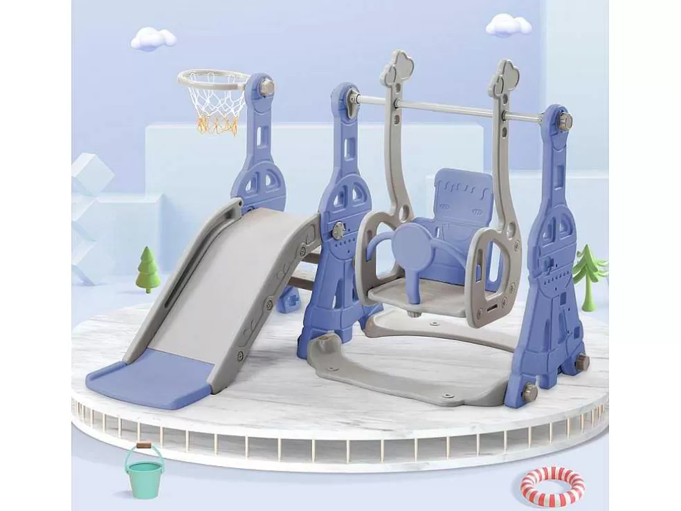 Discount 4-In-1 Glijbaan Met Schommel En Basketbalstandaard Voor Kinderen, Klimladder, Voor Binnen En Buiten, Blauw Spel Voor Buiten