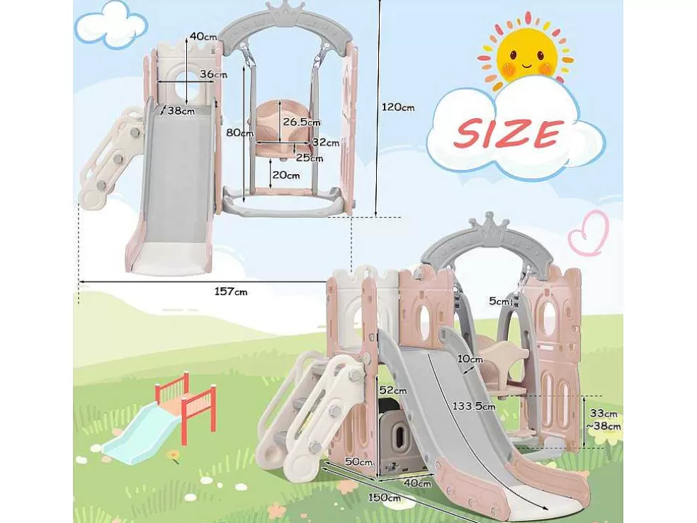 Outlet 5 In 1 Glijbaan - Met Trap, Schommel, Opbergruimte, Basketbalring - Roze Spel Voor Buiten