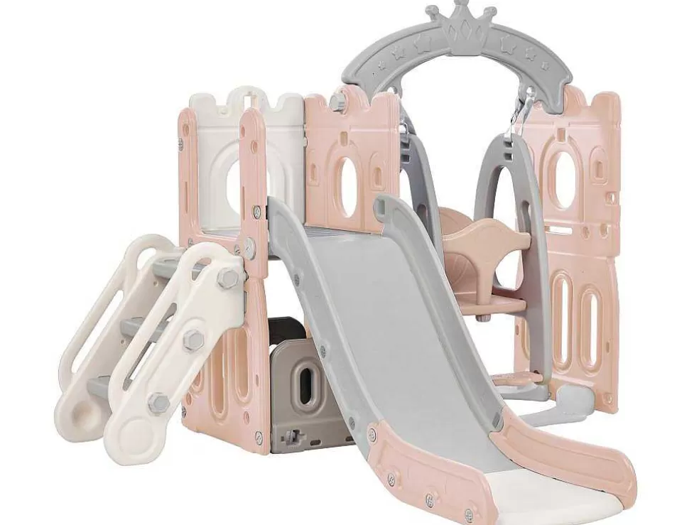 Outlet 5 In 1 Glijbaan - Met Trap, Schommel, Opbergruimte, Basketbalring - Roze Spel Voor Buiten