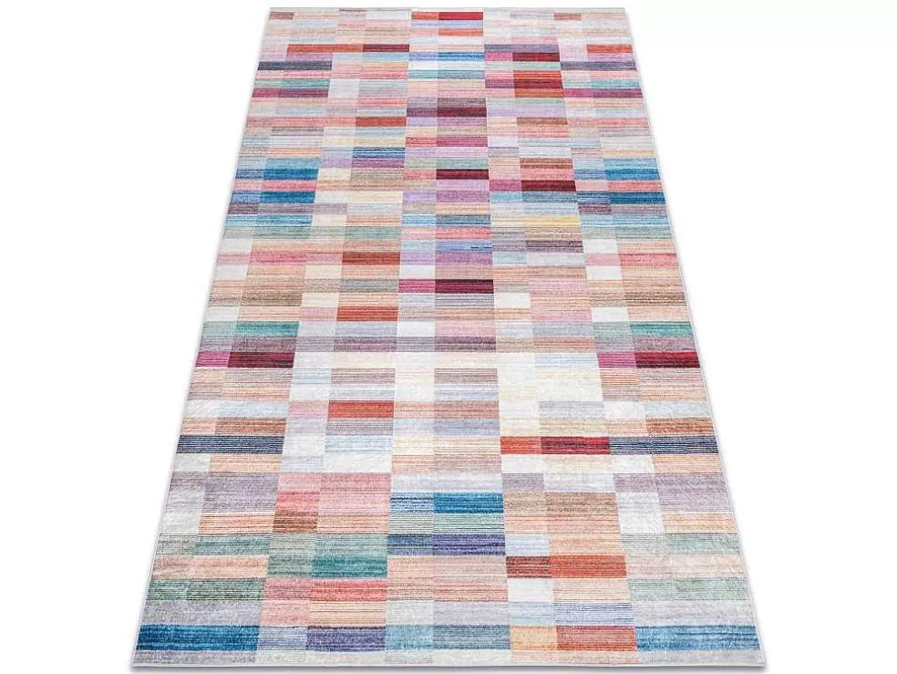 Clearance Andre 2295 Tapijt Wasbaar Klaver Strips Antislip - Roze / Blauw 120X170 Cm Klein Tapijt