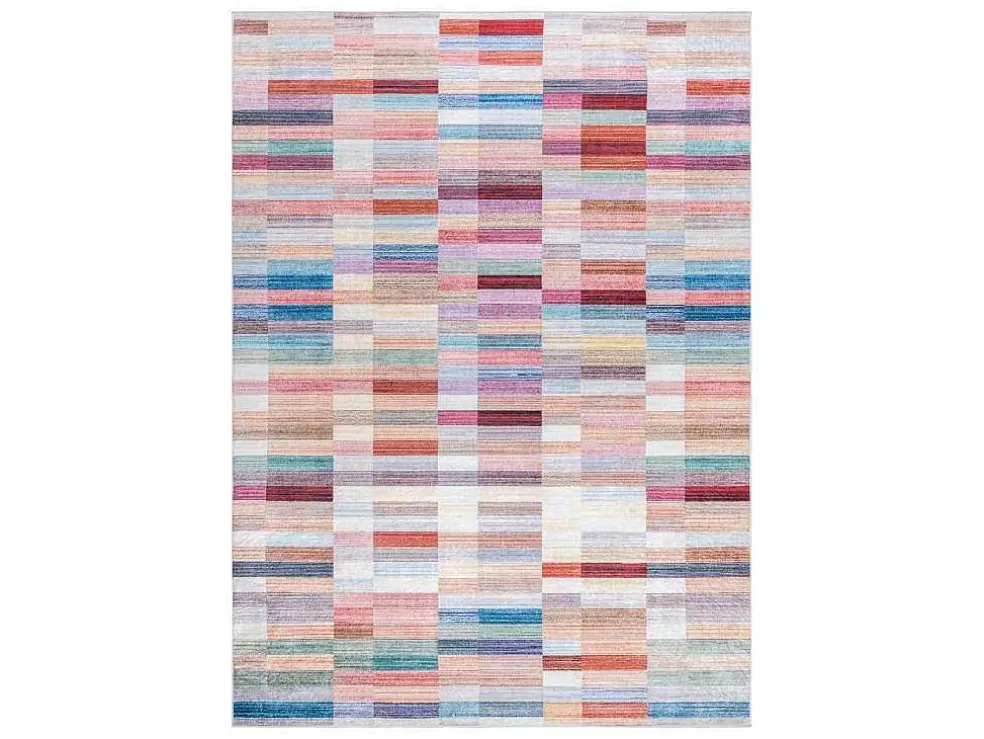 Clearance Andre 2295 Tapijt Wasbaar Klaver Strips Antislip - Roze / Blauw 120X170 Cm Klein Tapijt