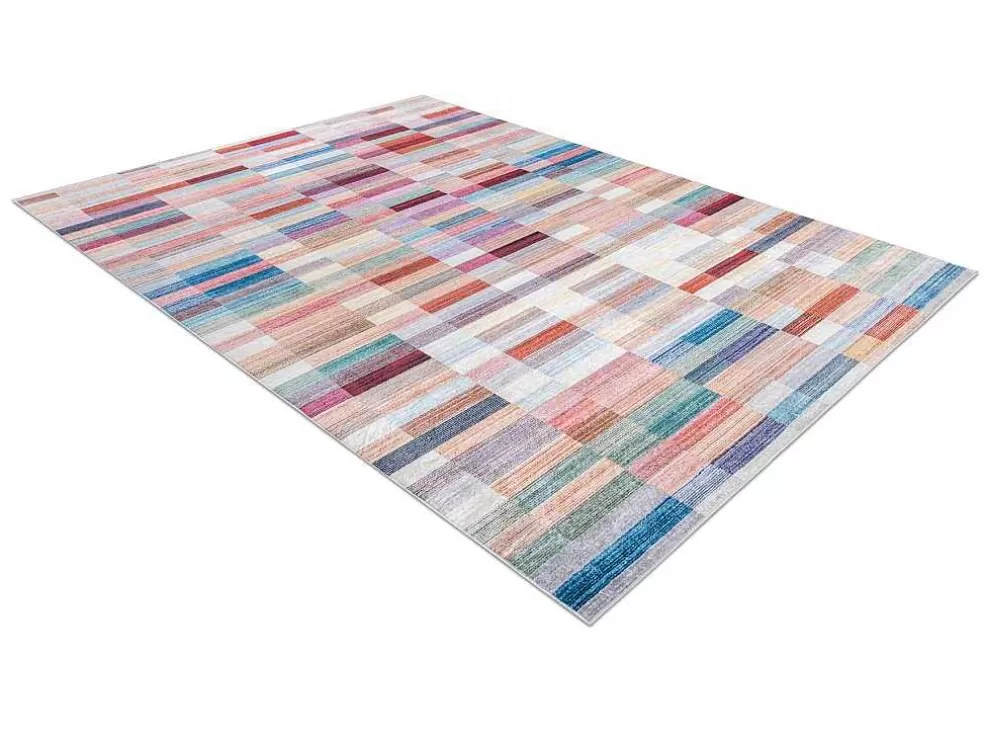 Clearance Andre 2295 Tapijt Wasbaar Klaver Strips Antislip - Roze / Blauw 120X170 Cm Klein Tapijt