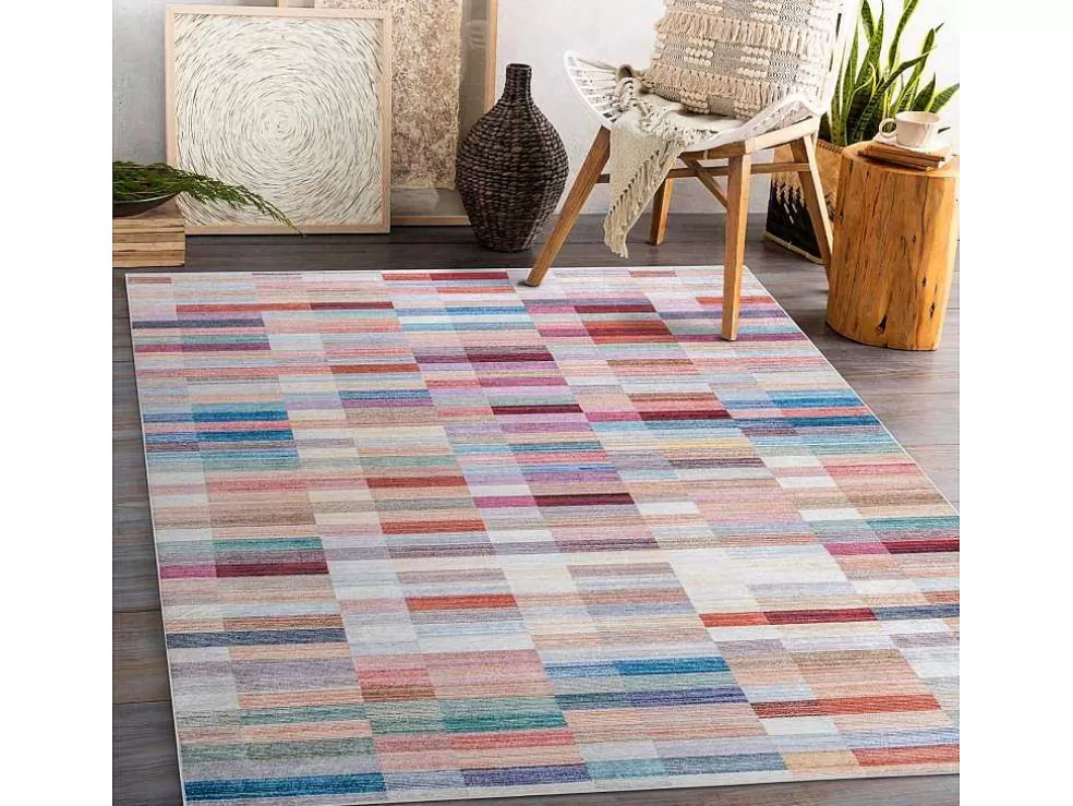 Clearance Andre 2295 Tapijt Wasbaar Klaver Strips Antislip - Roze / Blauw 120X170 Cm Klein Tapijt
