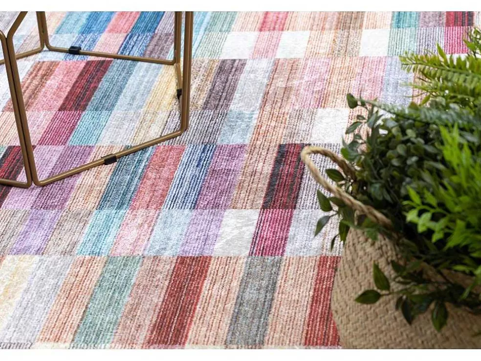 Clearance Andre 2295 Tapijt Wasbaar Klaver Strips Antislip - Roze / Blauw 120X170 Cm Klein Tapijt