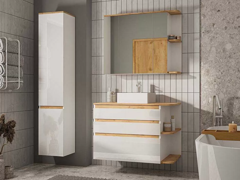 Discount Badkamerkast Met Spiegels - Licht Naturel En Wit - 94 Cm - Anida Muurkast Badkamer