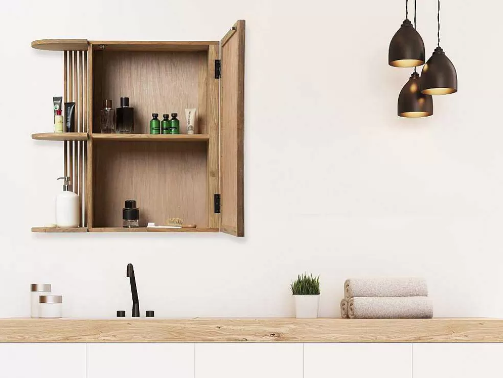 Fashion Badkamerwandkast Van Teak Met Spiegel En Nissen - Naturel - Cimahi Muurkast Badkamer