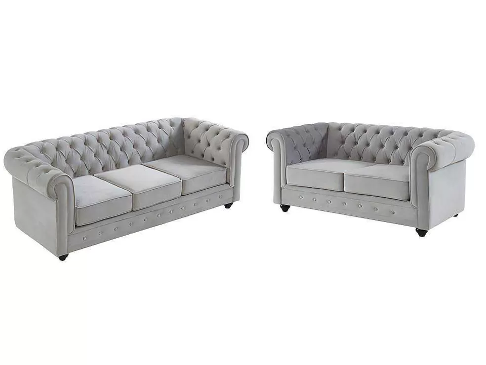 Cheap Bankstel Chesterfield - Fluweel - Lichtgrijs Bankstel 3+2