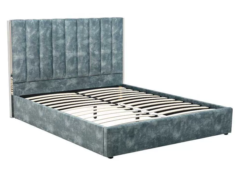 Fashion Bed 140 X 190 Cm Met Hoofdbord Met Verticale Stiksels - Velours - Groenblauw - Feroya Fluwelen Bed