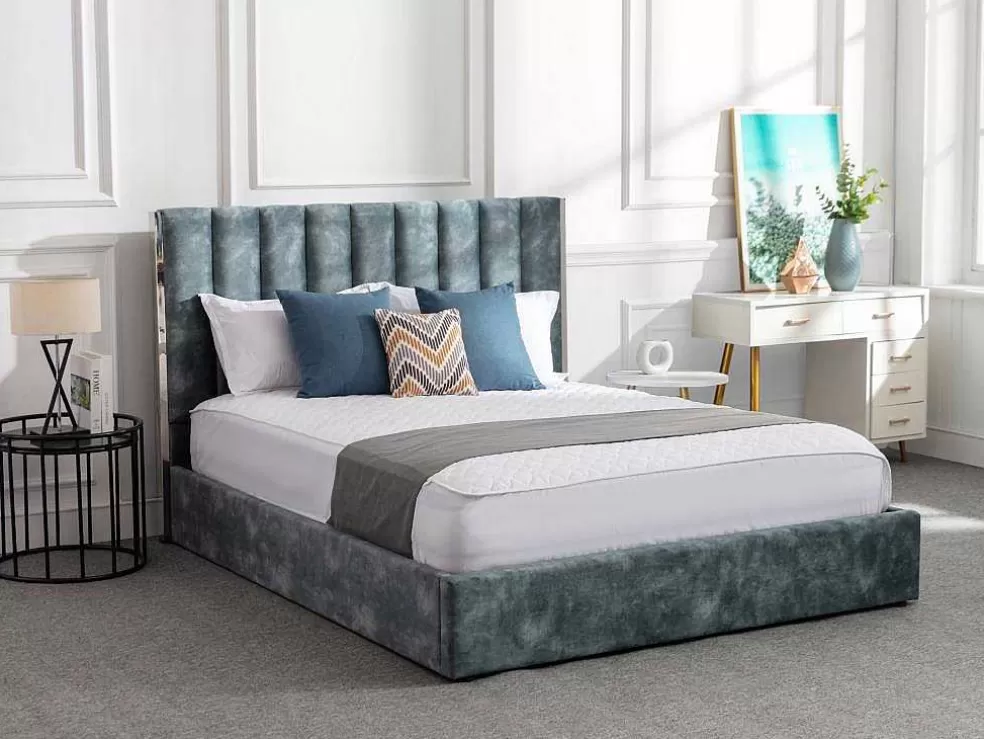 Clearance Bed 140 X 190 Cm Met Hoofdbord Met Verticale Stiksels - Velours - Groenblauw + Matras - Feroya Fluwelen Bed