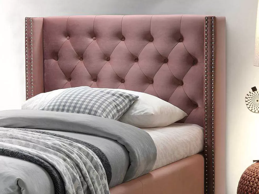 Online Bed Massimo Gestoffeerde Hoofdeinde Met Capitons - 90X200 Cm - Roze Fluweel Fluwelen Bed