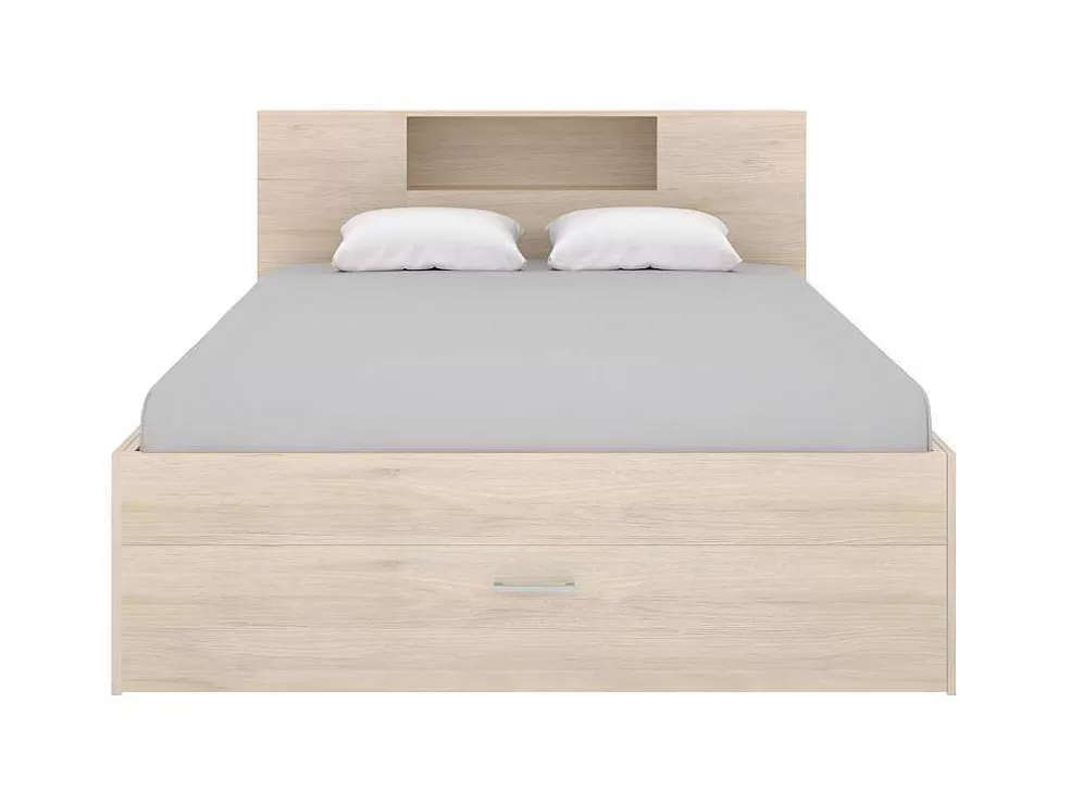 Best Sale Bed Met Hoofdeinde, Opbergruimte En Lades - 160 X 200 Cm - Eikenkleur - Leandre Aanbiedingen: Slaapkamer & Kantoor