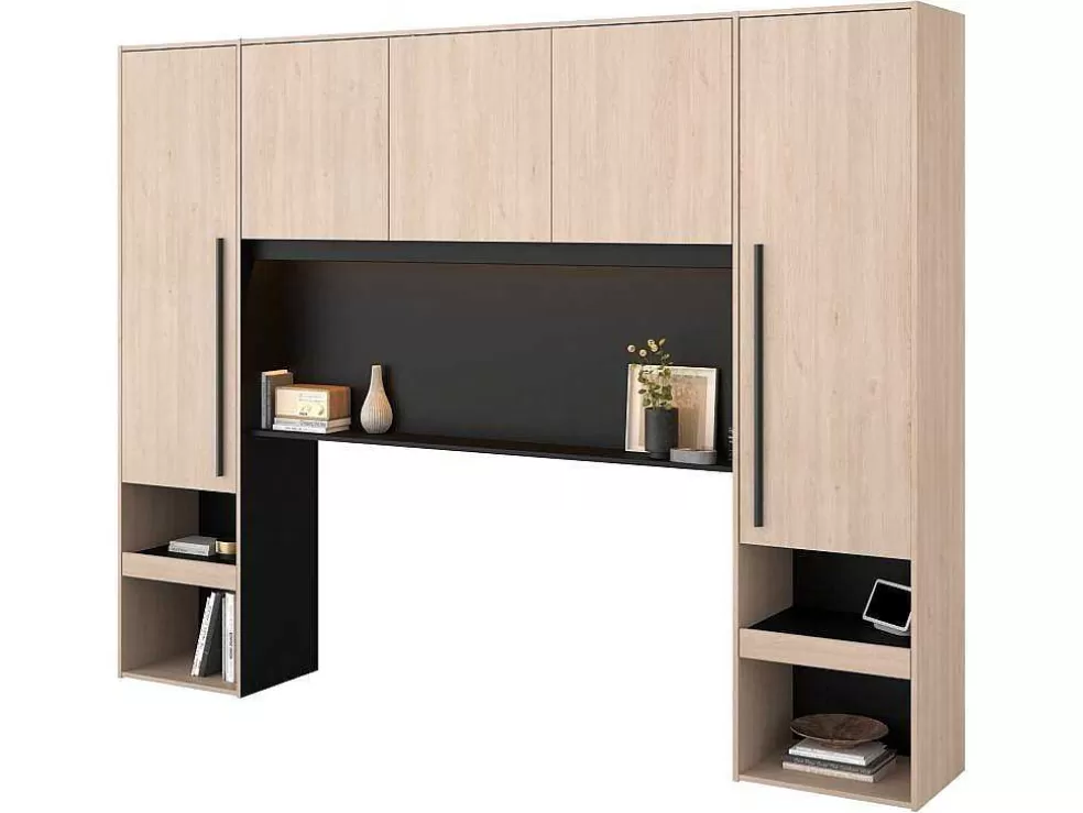 Best Sale Bedkast Met Opbergruimte - Met Ledverlichting - L265 Cm - Kleur: Naturel En Zwart - Velona Hoofdeinde En Brugkast