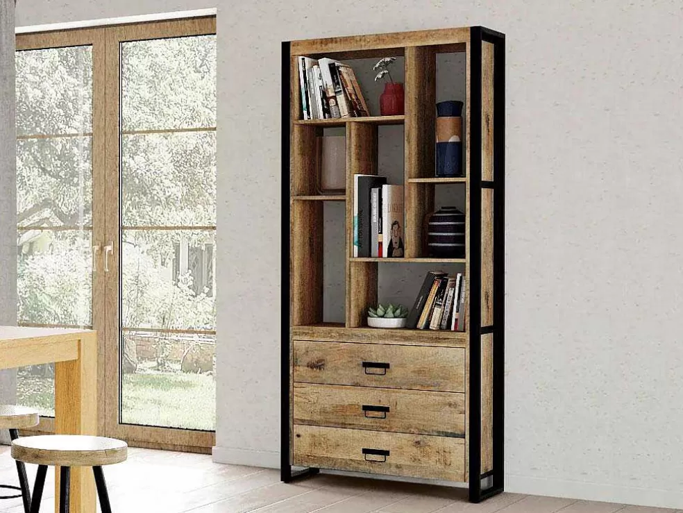 Best Sale Boekenkast Harlem - 3 Laden En 7 Nissen - Mangohout En Metaal Boekenkast & Vitrine