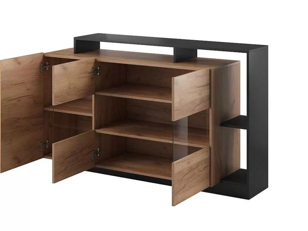 Fashion Buffetkast Met 3 Deuren En 3 Nissen - Met Ledverlichting - Natuurlijk En Antraciet - Idesia Buffetkast