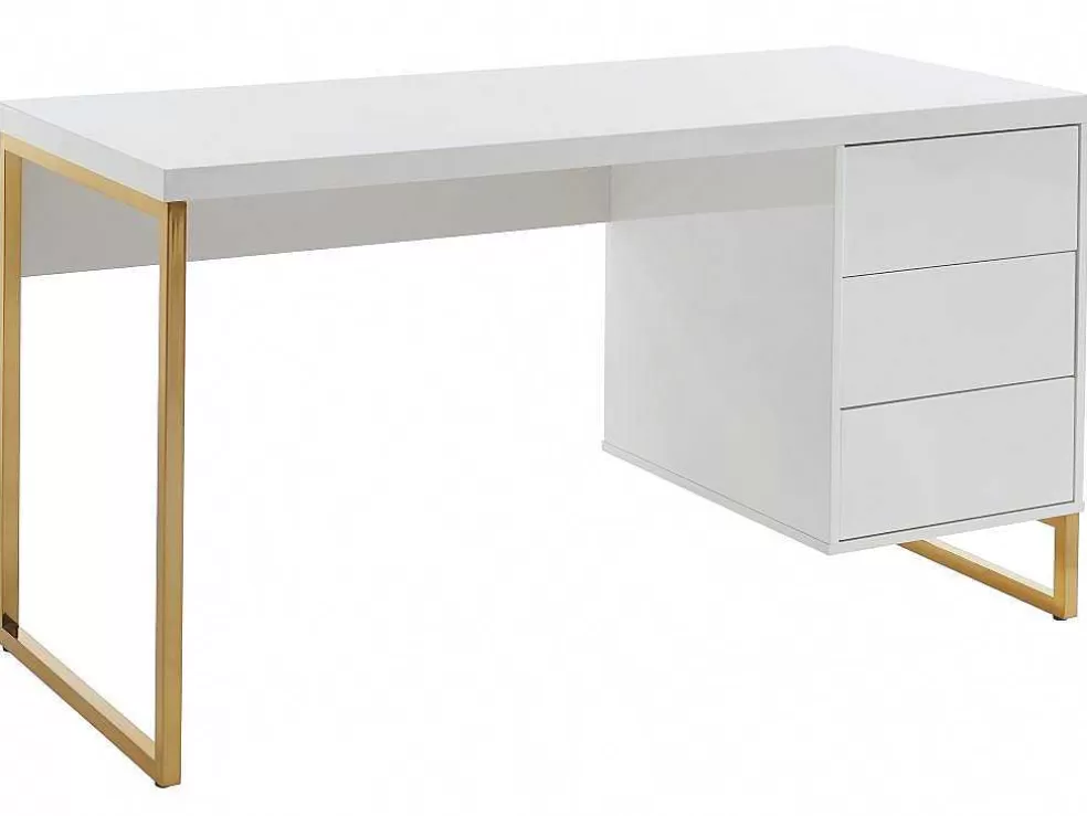 Fashion Bureau Met 3 Lades - Gelakt Mdf En Metaal - Wit En Goudkleurig - Timfia Van Bureaumeubel