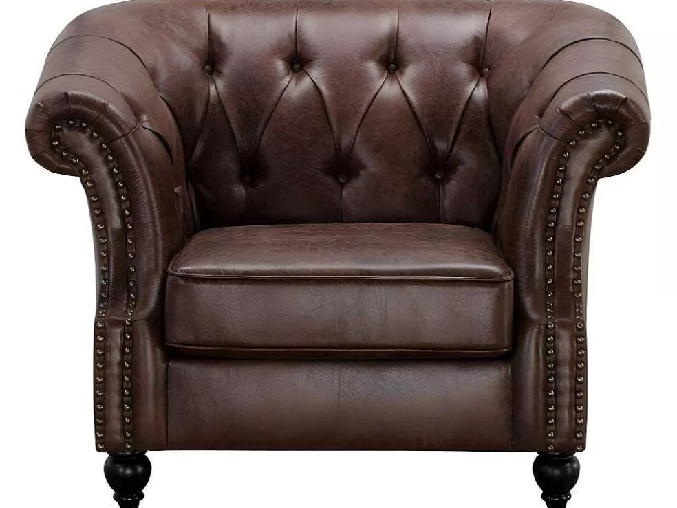 New Chesterfield Fauteuil Aquitaine Van Microvezel Effect Lived-In Leer - Bruin Fauteuil Stof