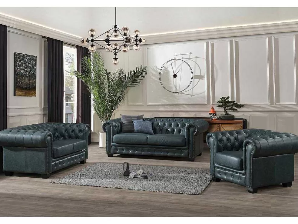 Cheap Chesterfield Zitbank 3 + 2 + 1 Plaatsen Brenton 100% Buffelleer - Spaans Groen Set Zitbank + Fauteuil