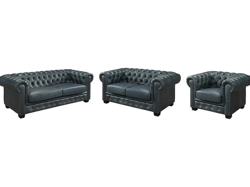 Cheap Chesterfield Zitbank 3 + 2 + 1 Plaatsen Brenton 100% Buffelleer - Spaans Groen Set Zitbank + Fauteuil