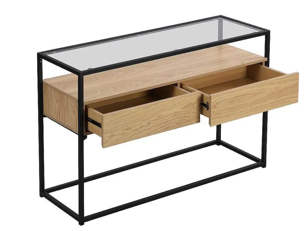Cheap Consoletafel Met 2 Lades Van Mdf, Gehard Glas En Metaal - Licht Naturel - Camata Sidetable