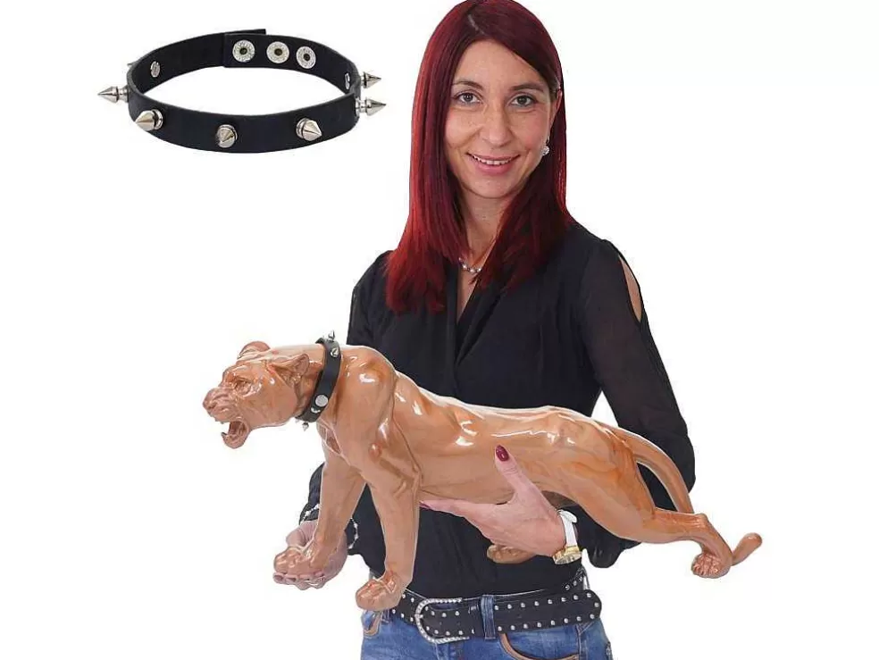 Outlet Decoratief Beeldje Panter Met Halsband, Antiek Hoogglans Met Kraag Standbeeld