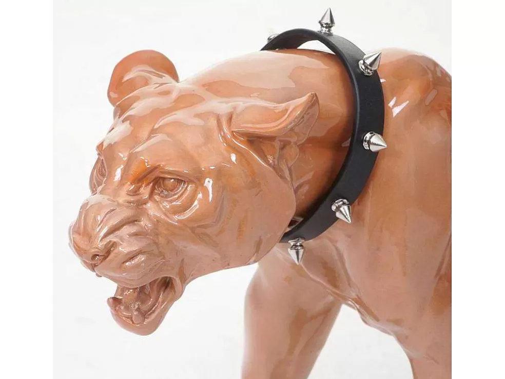 Outlet Decoratief Beeldje Panter Met Halsband, Antiek Hoogglans Met Kraag Standbeeld