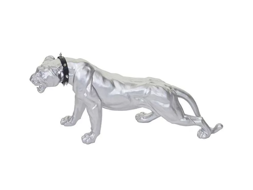 Hot Decoratief Beeldje Panter Met Halsband, Zilver Mat Met Kraag Standbeeld