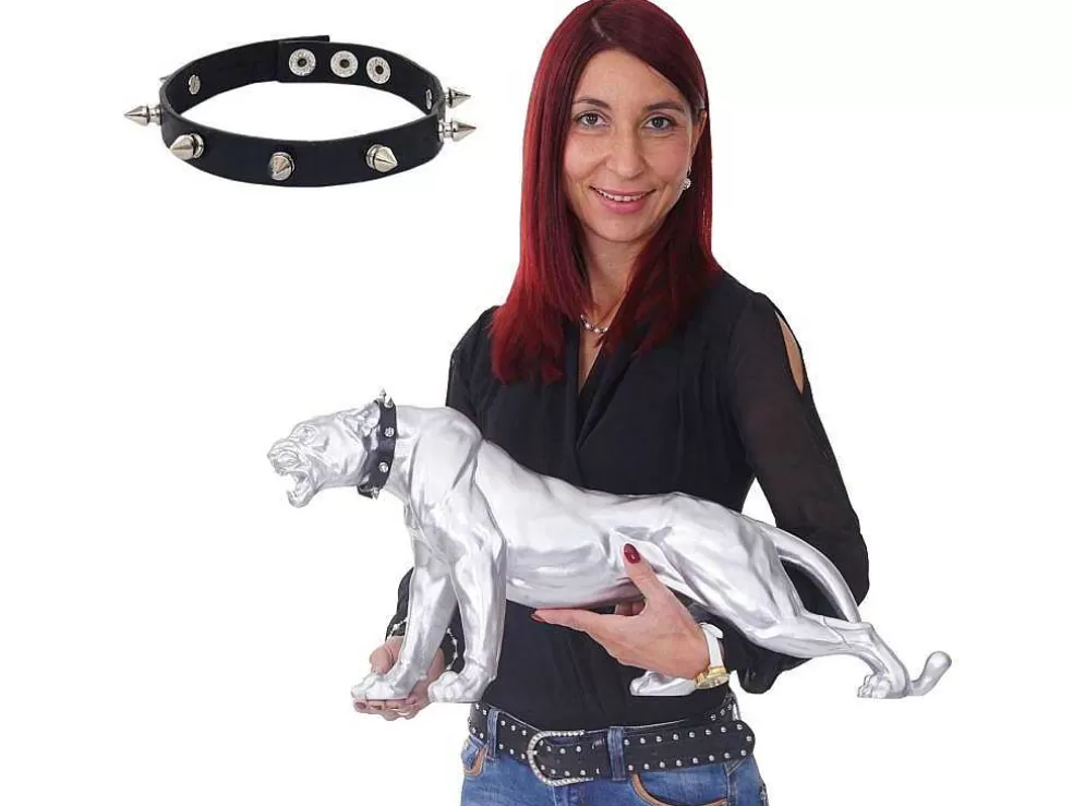 Hot Decoratief Beeldje Panter Met Halsband, Zilver Mat Met Kraag Standbeeld