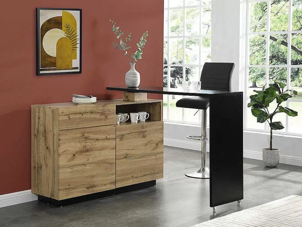 Hot Draaibaar Barmeubel Eldir - 2 Deuren, 1 Lade En 1 Nis - Mdf - Eiken & Zwart Barmeubel