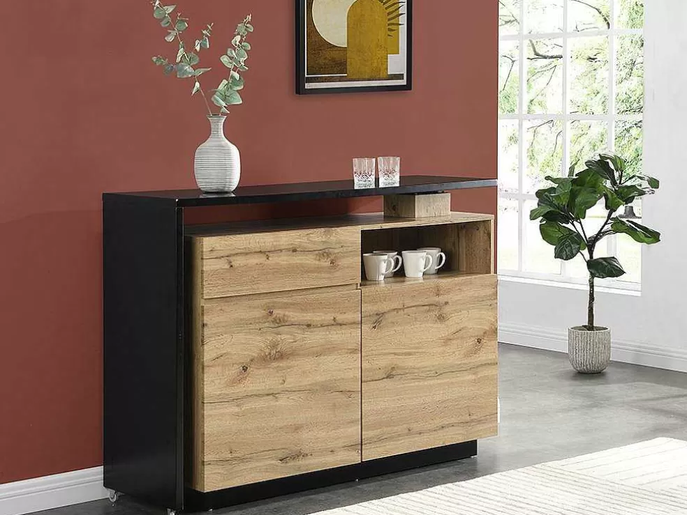 Hot Draaibaar Barmeubel Eldir - 2 Deuren, 1 Lade En 1 Nis - Mdf - Eiken & Zwart Barmeubel