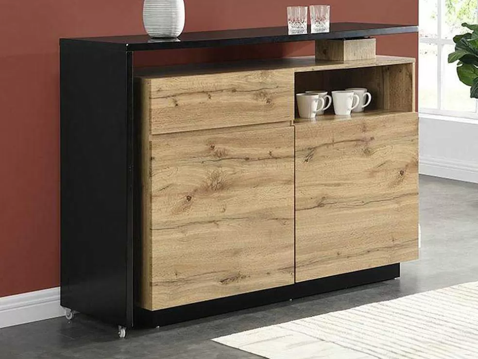Hot Draaibaar Barmeubel Eldir - 2 Deuren, 1 Lade En 1 Nis - Mdf - Eiken & Zwart Barmeubel