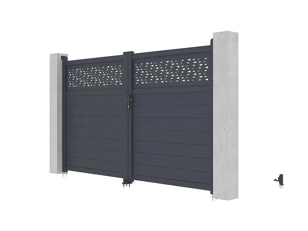 Cheap Draaipoort Van Aluminium Met Motieven - Halfopengewerkt - L. 305 X H. 182 Cm - Antraciet - Bazio Hekjes & Poorten