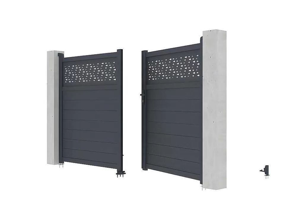 Cheap Draaipoort Van Aluminium Met Motieven - Halfopengewerkt - L. 305 X H. 182 Cm - Antraciet - Bazio Hekjes & Poorten
