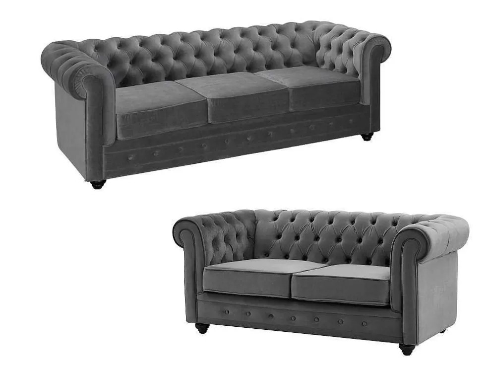 Sale Drie- En Tweezitsbank Van Antracietkleurig Velours Chesterfield Bankstel 3+2