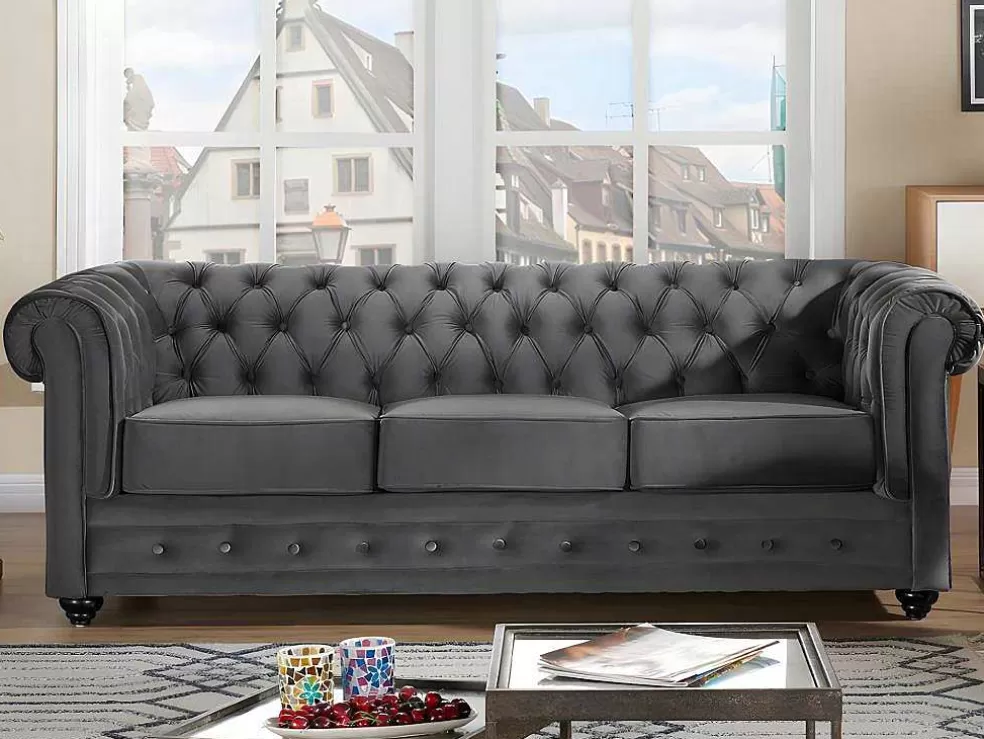 Sale Drie- En Tweezitsbank Van Antracietkleurig Velours Chesterfield Bankstel 3+2