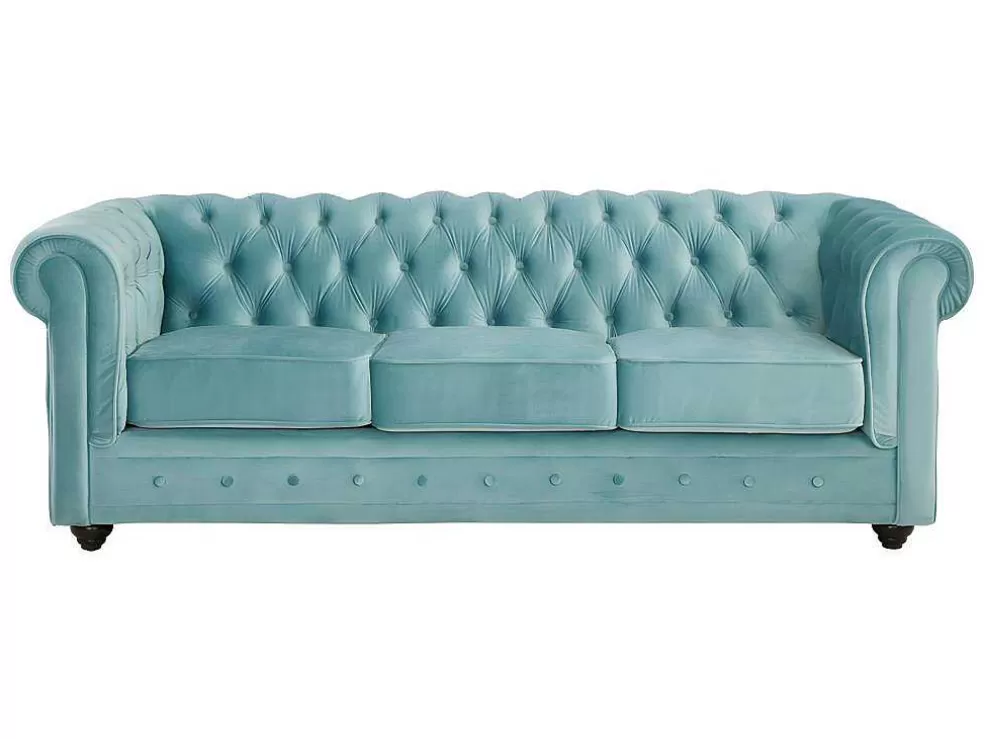 Online Drie- En Tweezitsbank Van Pastelblauw Velours Chesterfield Bankstel 3+2