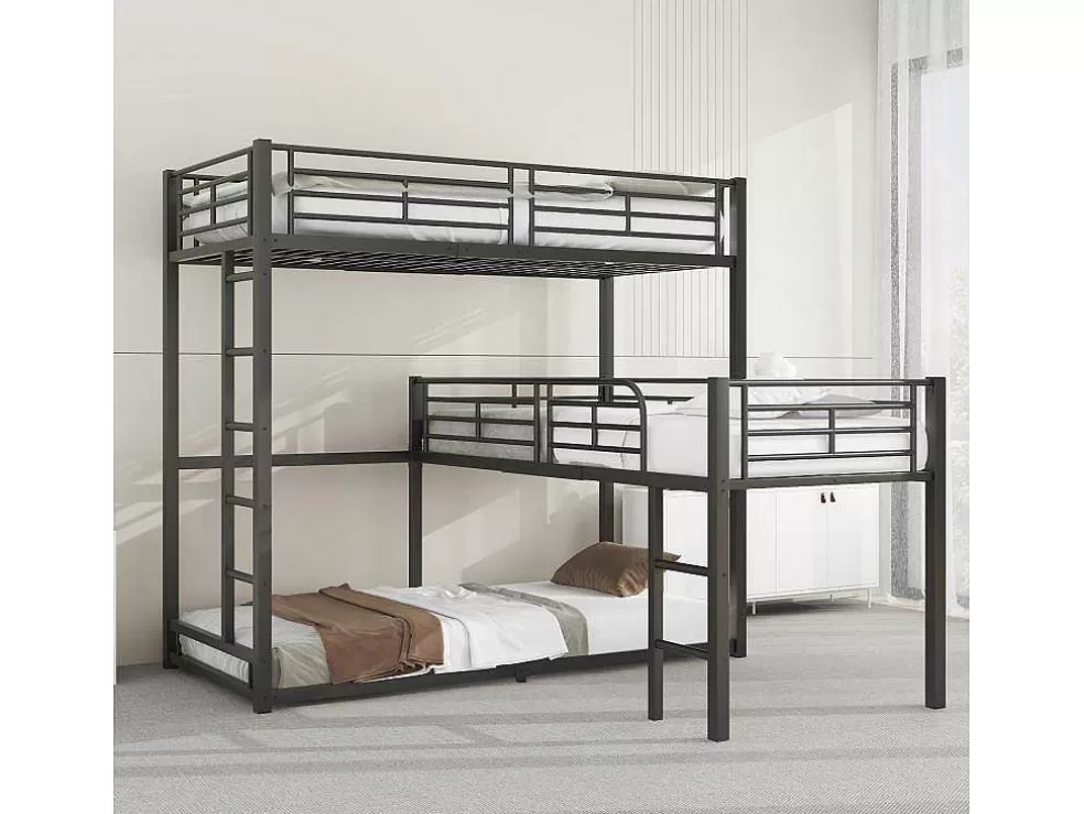 Discount Driedubbele Stapelbedden 90 X 200 Cm - Hoge Reling En Ladder - Metaal - Zwart Kinderbed Stapelbed