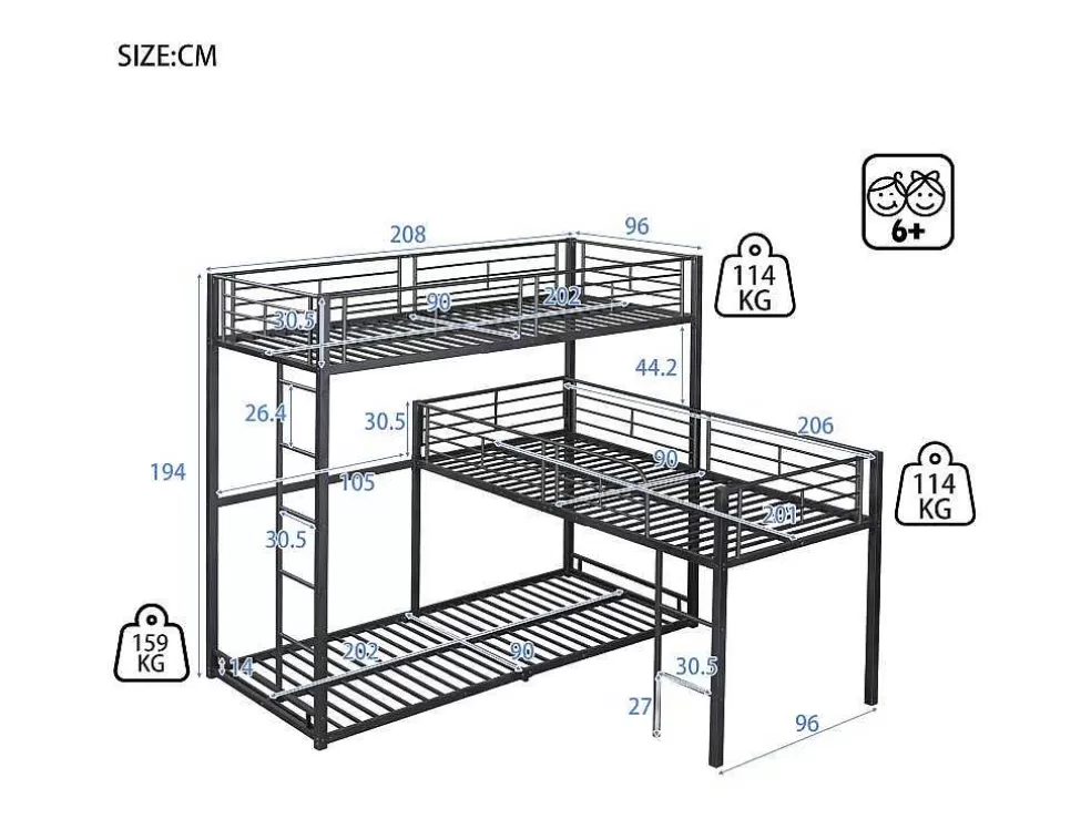 Discount Driedubbele Stapelbedden 90 X 200 Cm - Hoge Reling En Ladder - Metaal - Zwart Kinderbed Stapelbed