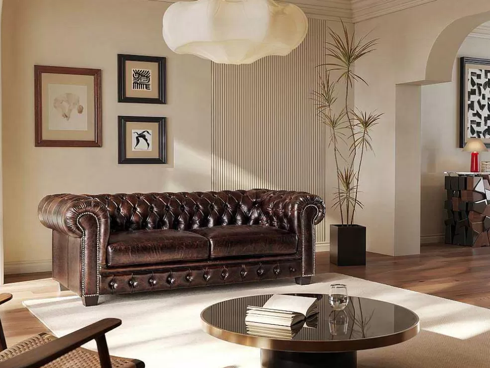 Discount Driezitsbank Chesterfield Brenton 100% Buffelleer - Bruin Tinten Chesterfield Zitbank