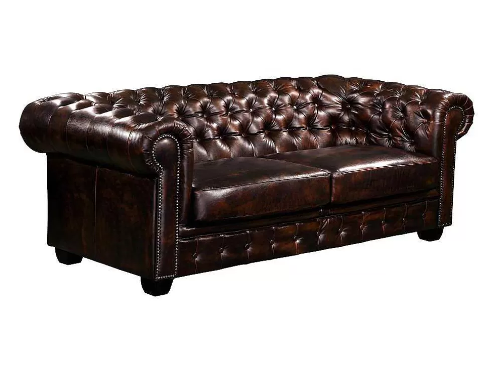 Discount Driezitsbank Chesterfield Brenton 100% Buffelleer - Bruin Tinten Chesterfield Zitbank