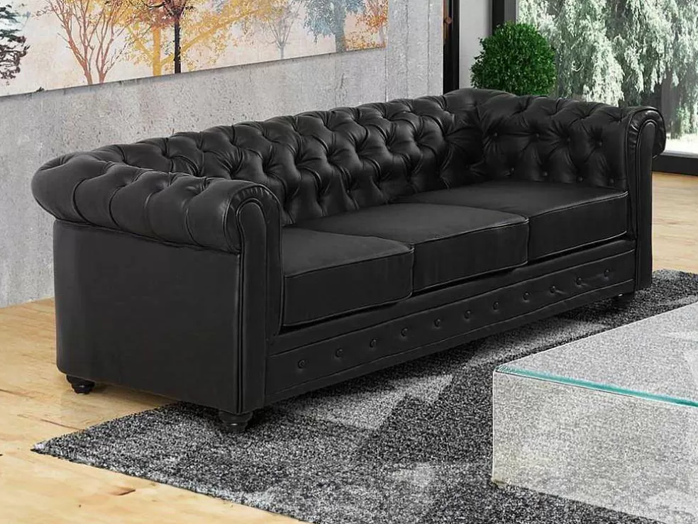 Cheap Driezitsbank Chesterfield Van Kunstleer - Zwart Kunstleren Zitbank