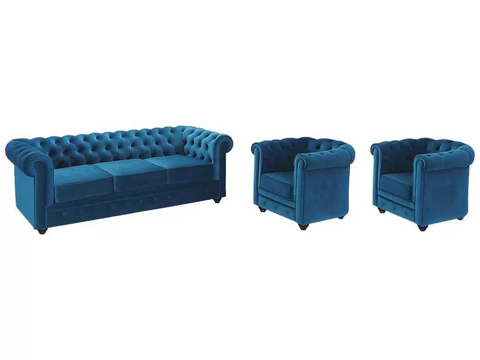 Store Driezitsbank En 2 Fauteuils Chesterfield - Fluweel - Eend Blauw Set Zitbank + Fauteuil