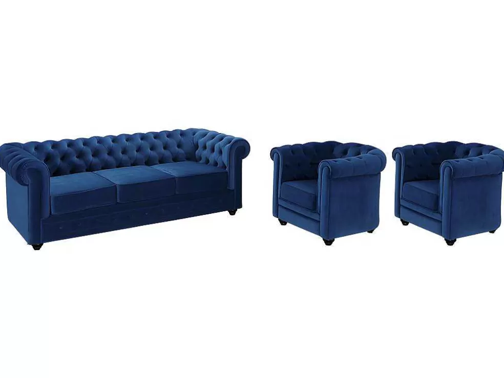 Outlet Driezitsbank En 2 Fauteuils Chesterfield - Fluweel - Konings Blauw Set Zitbank + Fauteuil