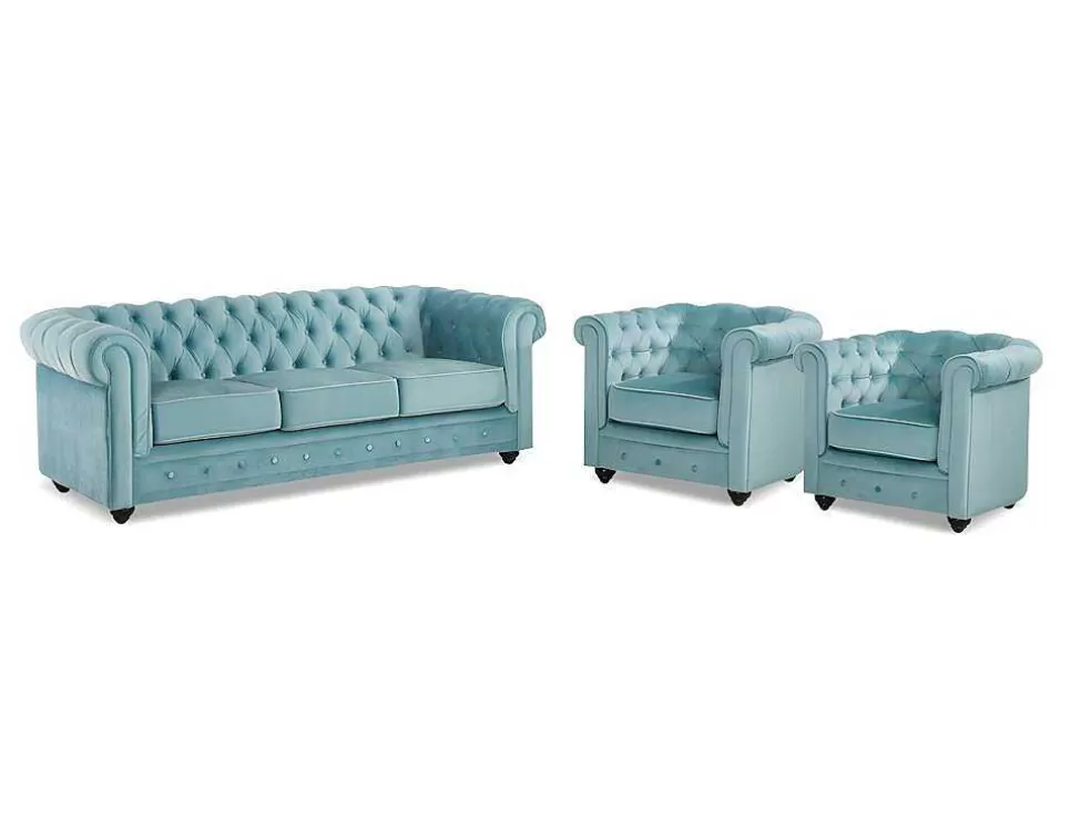 Discount Driezitsbank En 2 Fauteuils Chesterfield - Fluweel - Pastel Blauw Set Zitbank + Fauteuil