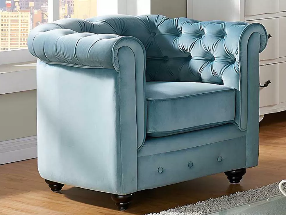 Discount Driezitsbank En 2 Fauteuils Chesterfield - Fluweel - Pastel Blauw Set Zitbank + Fauteuil