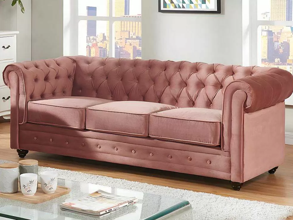 Shop Driezitsbank En 2 Fauteuils Chesterfield - Fluweel - Pastel Roze Set Zitbank + Fauteuil