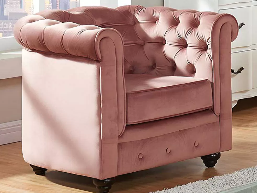 Best Driezitsbank En Fauteuil Chesterfield - Fluweel - Pastel Roze Set Zitbank + Fauteuil